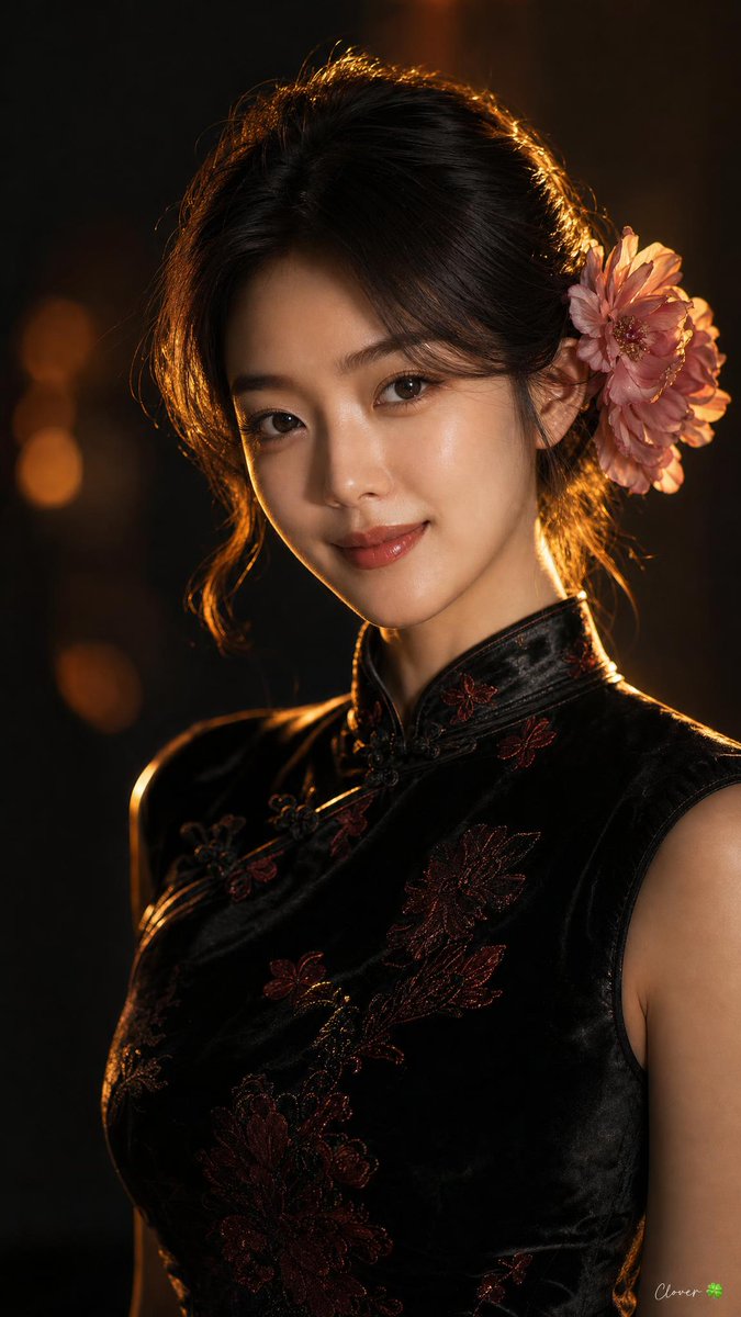 一位年轻貌美的东亚女性的电影感特写肖像,带着温柔温暖的笑容,身穿传统黑色天鹅绒旗袍,带有细腻的红色花卉图案,搭配高立领。她在精心打理的盘发中,…, 图片 1