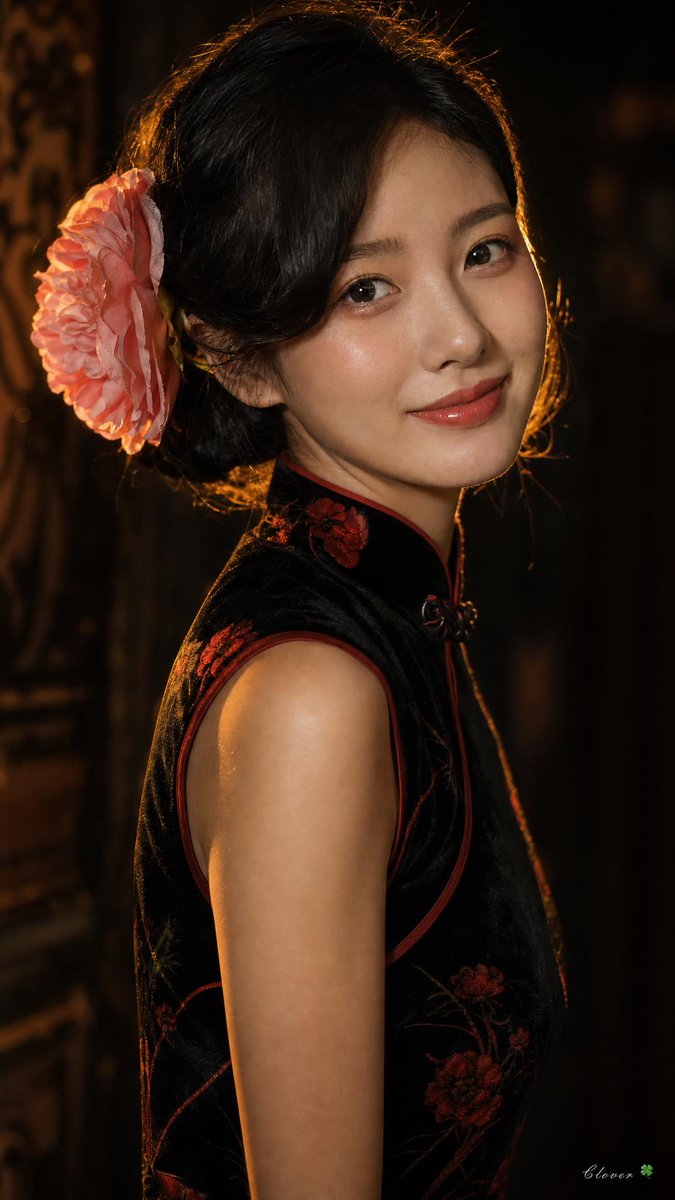一位年轻貌美的东亚女性的电影感特写肖像,带着温柔温暖的笑容,身穿传统黑色天鹅绒旗袍,带有细腻的红色花卉图案,搭配高立领。她在精心打理的盘发中,…, 图片 2