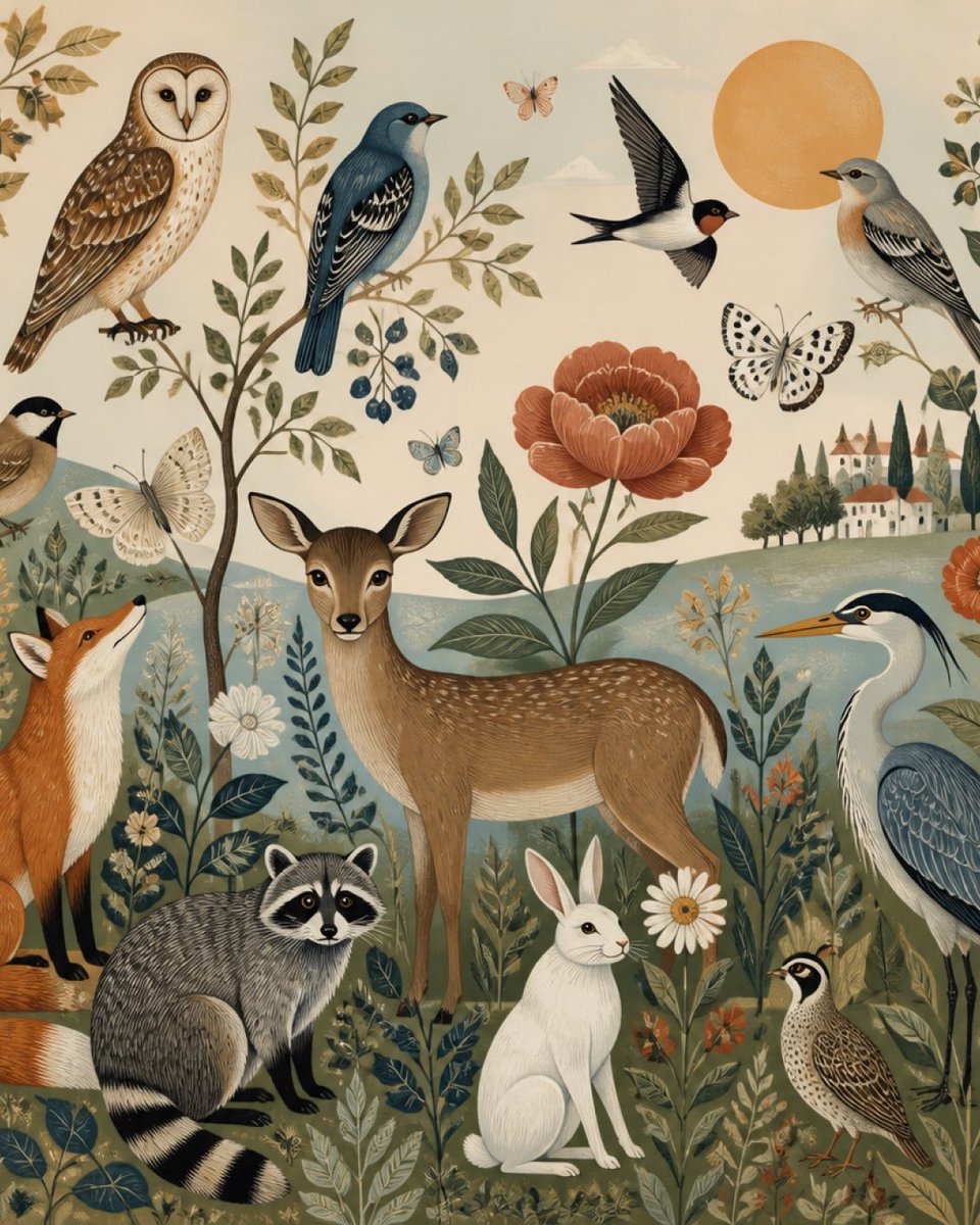 “富有奇趣的森林插画,包含鹿、狐狸、兔子、浣熊、猫头鹰、鸟儿、蝴蝶、花朵、起伏的山丘,以及柔和的复古童话书美学。” #aiart #ai ht…, 图片 1