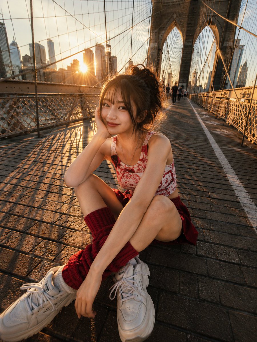 一张充满活力的抓拍街拍风格照片,一位年轻女子在黄金时段俏皮地坐在布鲁克林大桥的人行步道上。她面带灿烂笑容望向镜头,身穿红白图案的无袖上衣,搭配…, 图片 1