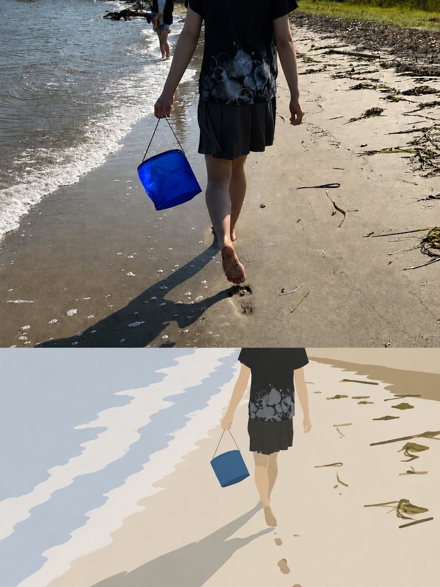 根据参考照片创作一幅风格化的编辑插画,将真实的海滩场景转化为精致的纯手绘剪纸风格旅行艺术作品。从低角度、宽阔的视角描绘两位年轻女性欢快地跳跃在…, 图片 2