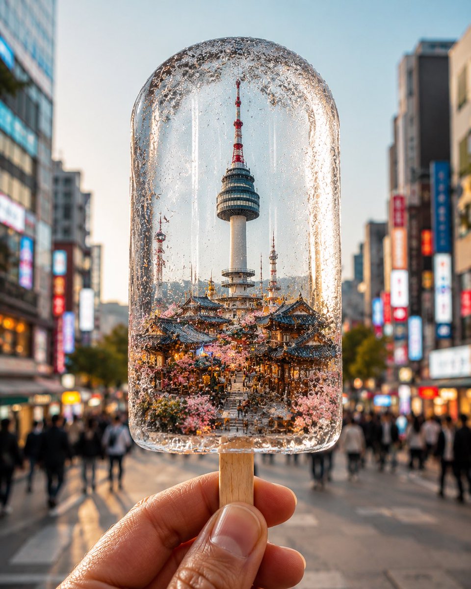 创建一张超写实竖版 4:5 概念旅行摄影作品，主题为 [CITY / COUNTRY]，将目的地的全部精髓魔法般冻结在一根由人物手持的晶莹剔透…, 图片 1