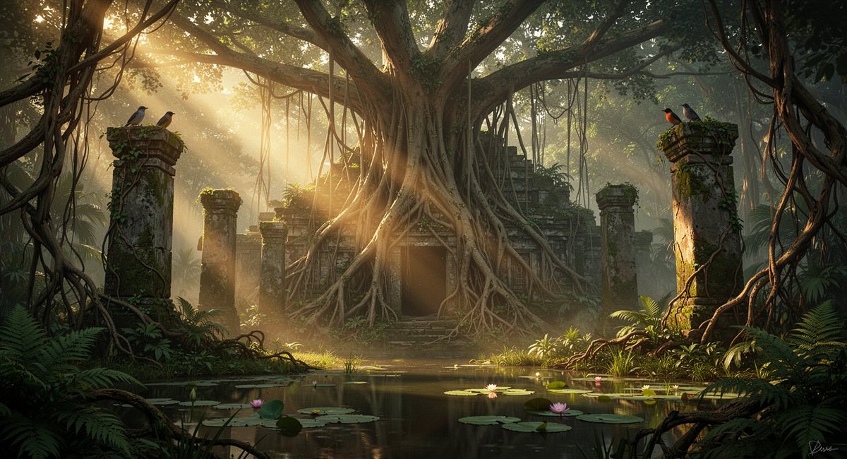高端电影级风格化写实数字概念艺术,AAA 环境关键帧插画,电影 matte-painting 般的纵深感。黎明时分古老丛林,巨大的榕树枝系蔓延…, 图片 1