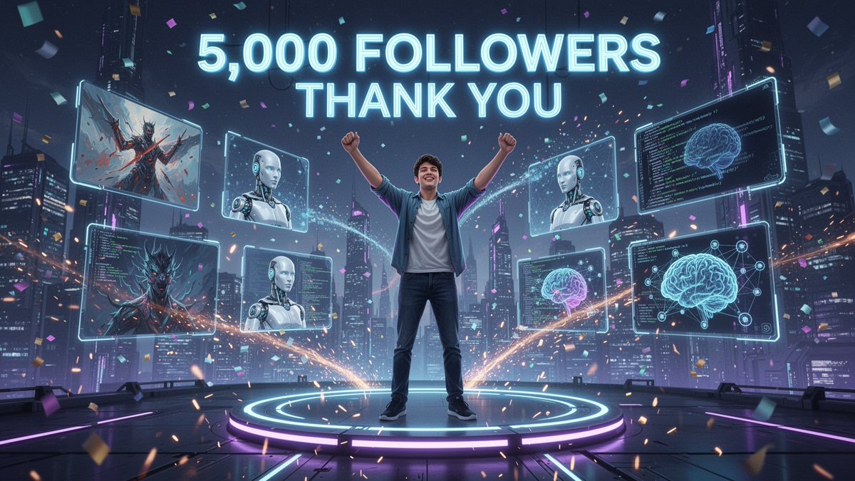 一个令人惊叹的未来主义里程碑庆祝场景，献给一位AI内容创作者：一位自信的年轻人站在一个发光的圆形霓虹平台上，双臂高举，呈现胜利姿态，背景是夜晚…, 图片 1