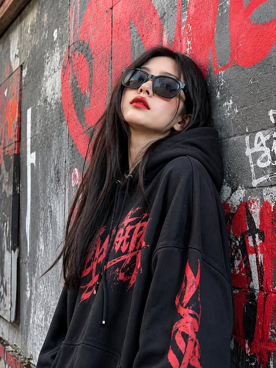 一幅电影感的暗黑街头时尚人像照:一位年轻女性倚靠在一面粗粝的城市墙面上,身穿一件宽松的黑色连帽衫,帽衫上带有隐约可见的红色图形字体印花。她留着…, 图片 1
