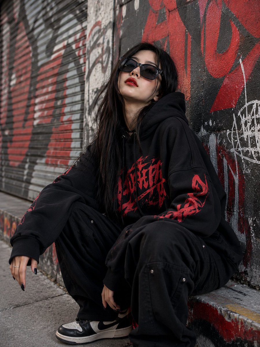 一幅电影感的暗黑街头时尚人像照:一位年轻女性倚靠在一面粗粝的城市墙面上,身穿一件宽松的黑色连帽衫,帽衫上带有隐约可见的红色图形字体印花。她留着…, 图片 2