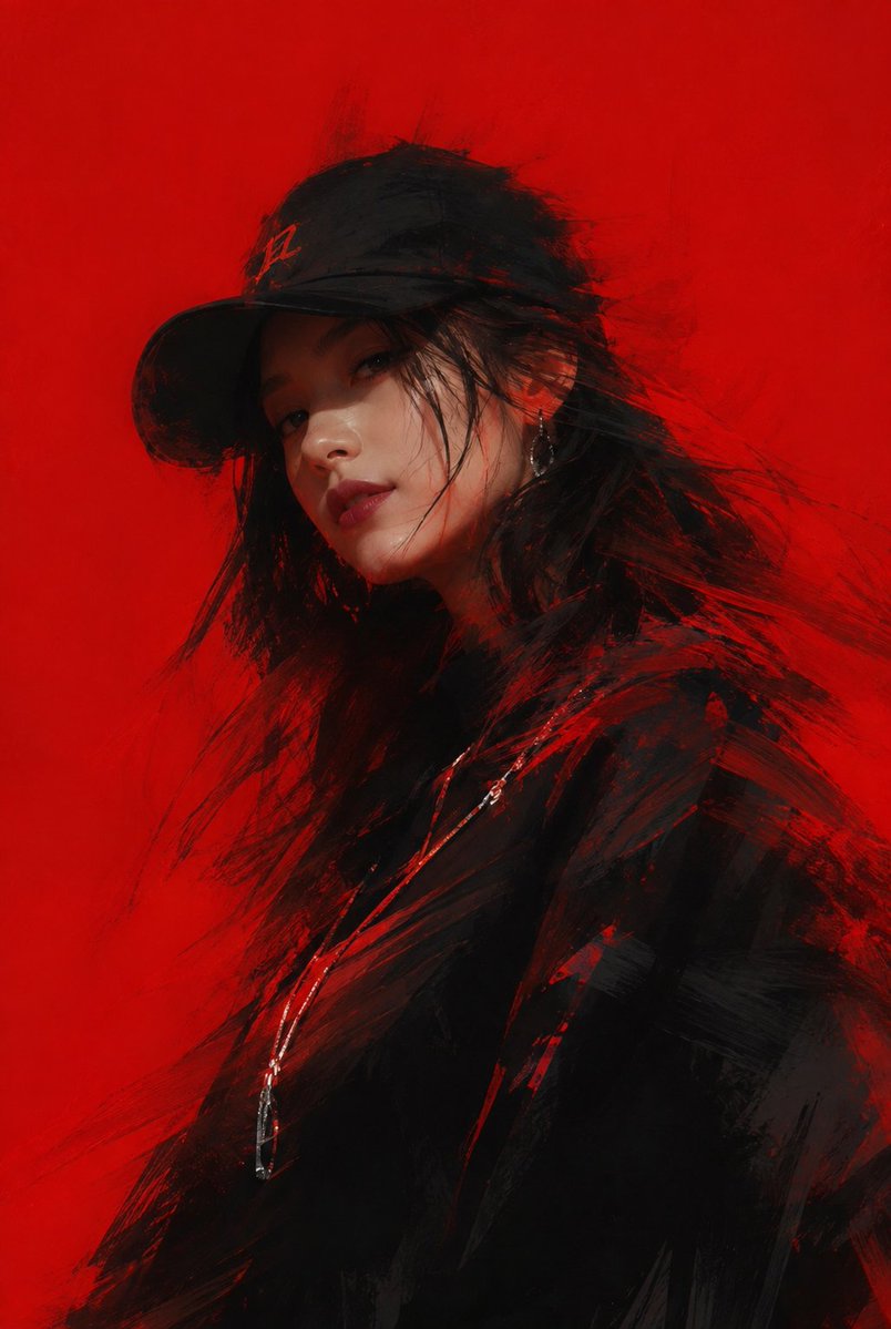 美丽的说唱女性戴着棒球帽,模糊效果,绘画笔触,极简插画。背景是纯粹的宝石红。动态角色角度配以运动模糊。角色以黑色与红色调为主,穿着黑色服装,与…, 图片 1