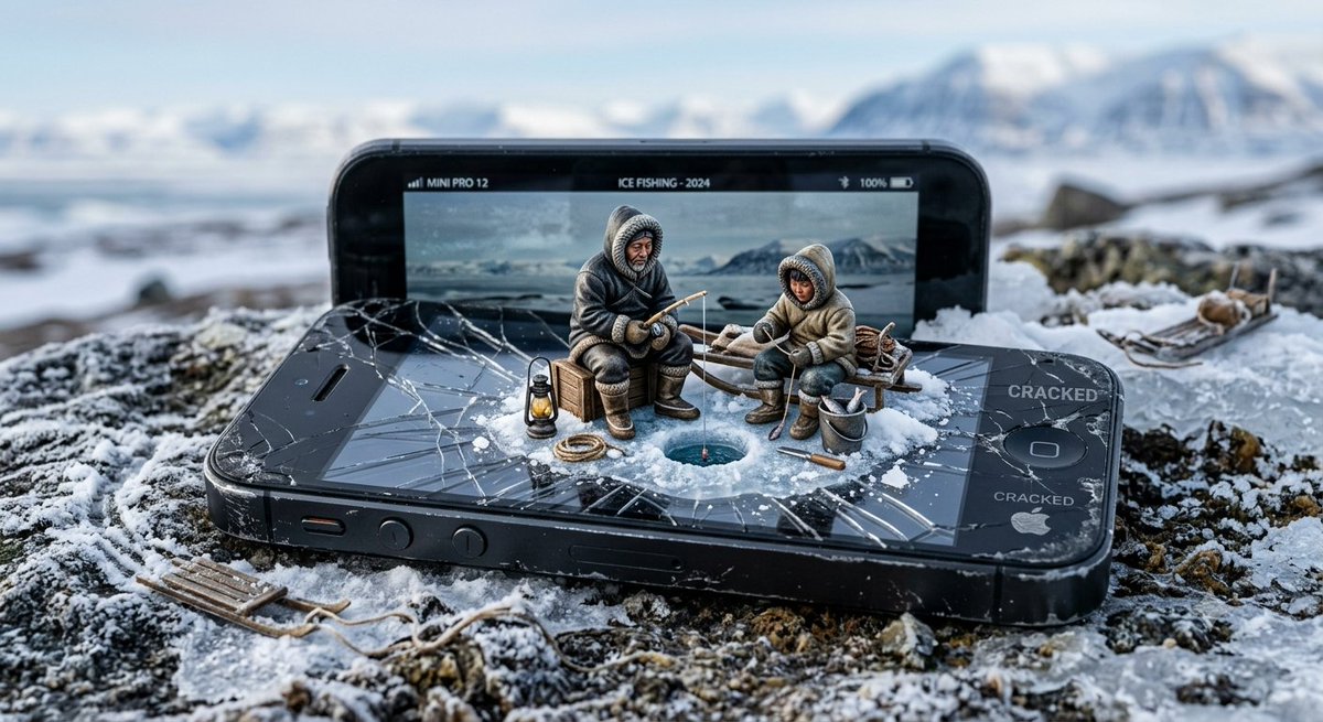 { "prompt": "Miniature, cracked smartphone with two inuits fishing, ultra reali…