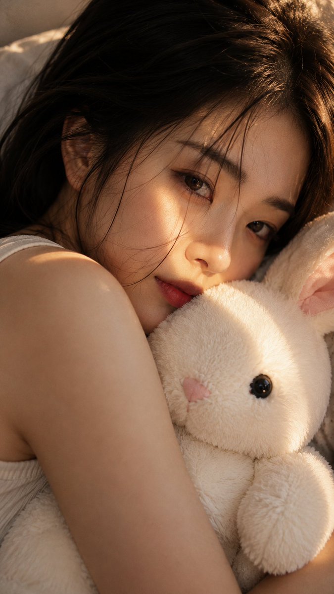 参考图中成年女性的电影级超写实极特写镜头，严格保持身份一致性，精确还原其面部特征与比例。她躺在床上，将一只大型白色毛绒兔紧紧贴在脸颊。70–8…, 图片 1