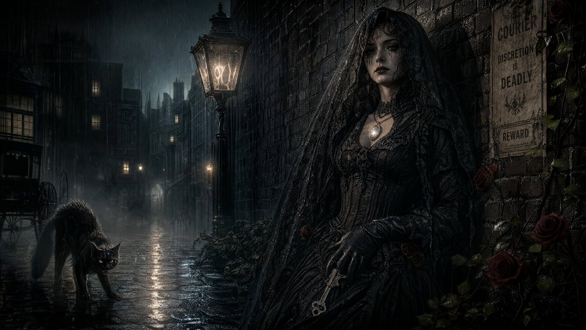 Under a fractured gas lamp, she waits in a rain-slicked alley, her black lace v…