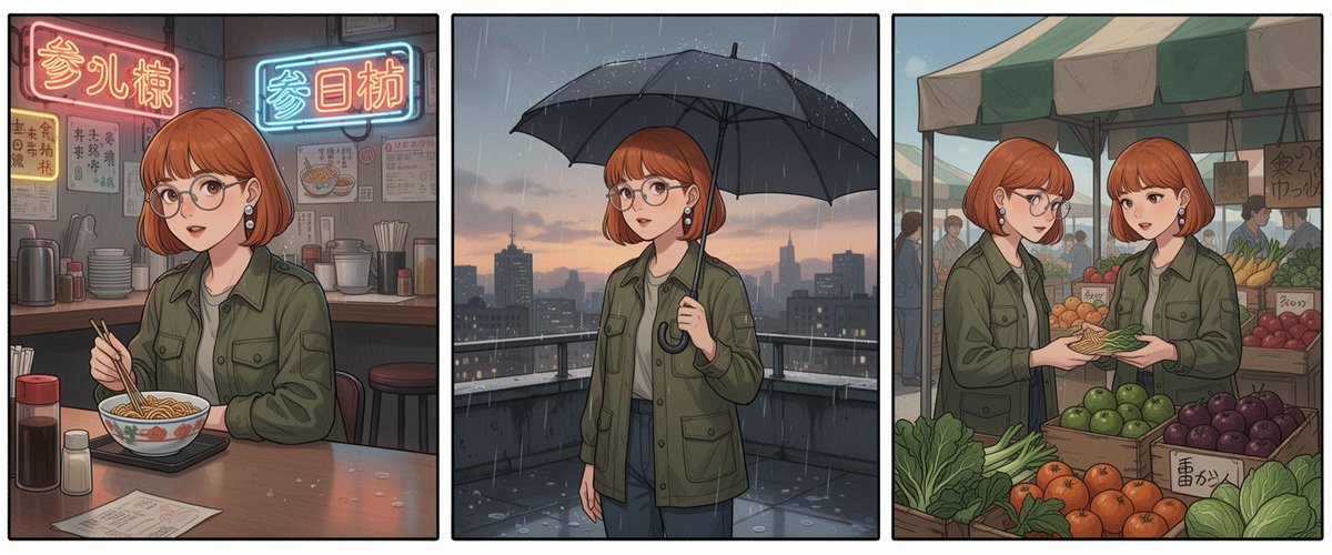 three-panel comic-style triptych, same original character in each panel: young …