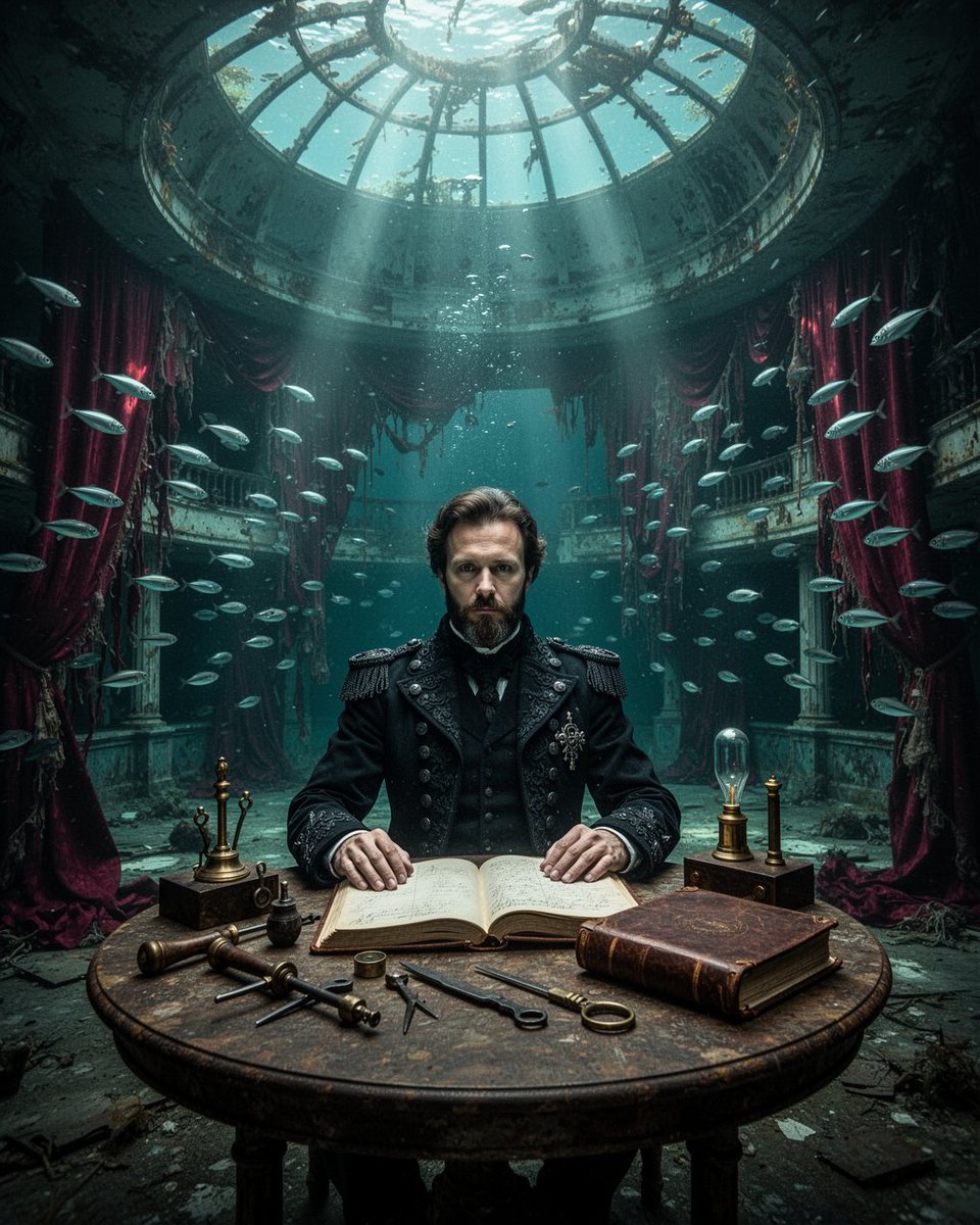 A cinematic portrait of the last lighthouse keeper working beneath an abandoned…