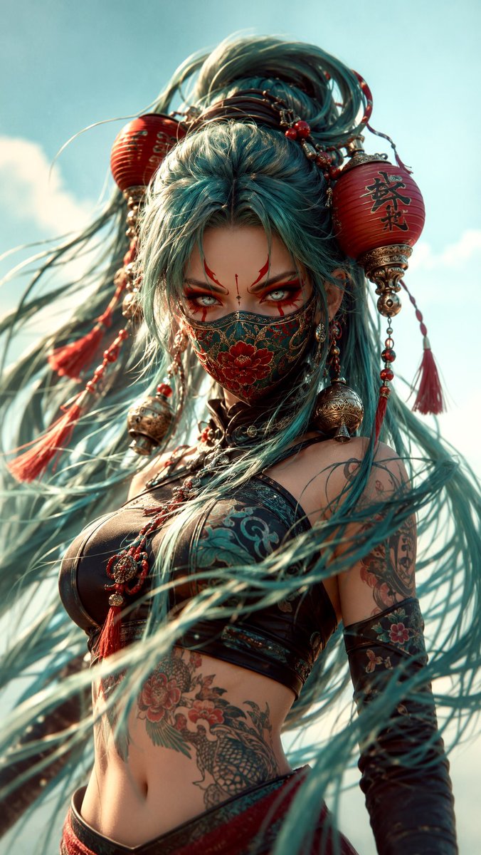 Vertical close-up portrait of a fierce futuristic female warrior with extremely…