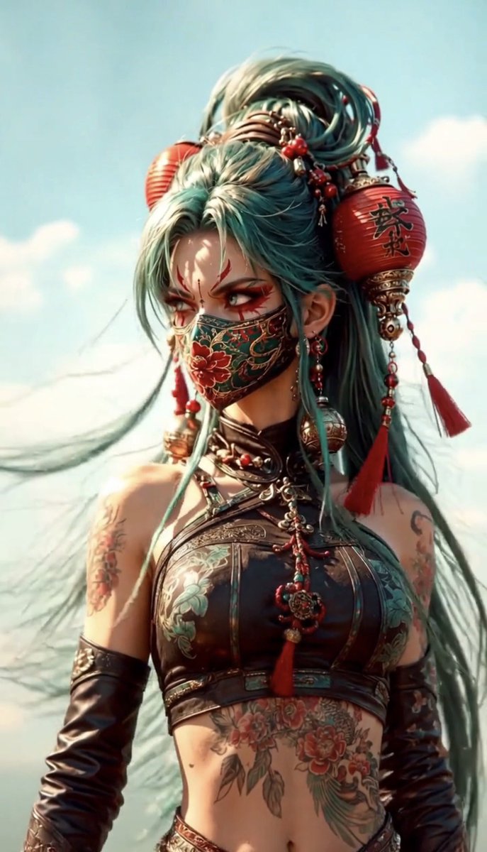 竖构图特写肖像:一位凶猛未来的女性战士,头发高束,呈极长的流动青色(teal)长发,装饰有超大红色纸灯笼饰品、雕刻银铃、串珠、绳索与流苏。她身…, 图片 2
