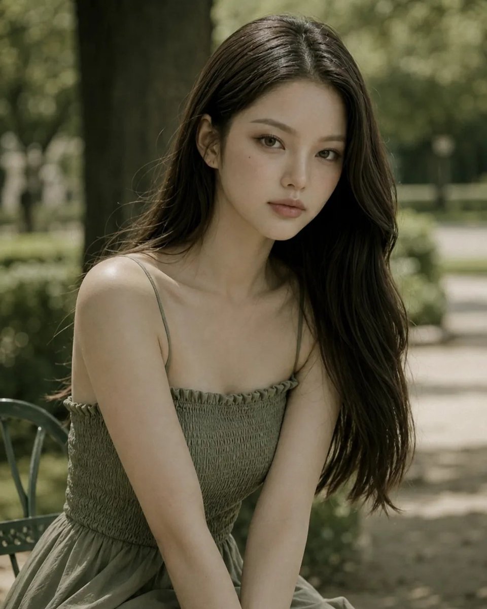 高分辨率、高时尚中近景摄影,公园里的年轻女性,参考图像相似度,度假风服装,过肩回眸姿势,柔唇,柔白皮肤,精致面容,忧郁眼神,亲密情感氛围,大地…, 图片 1