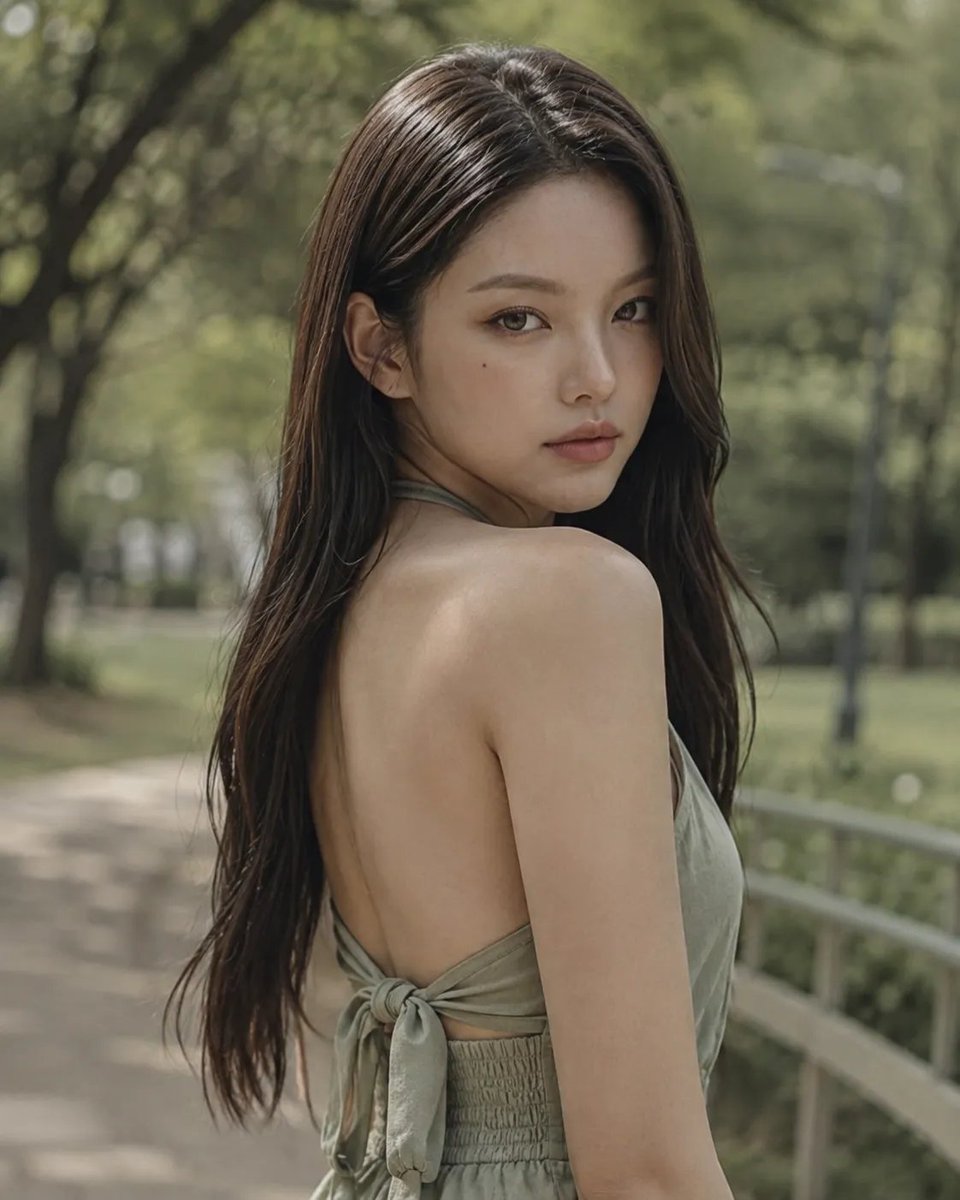 高分辨率、高时尚中近景摄影,公园里的年轻女性,参考图像相似度,度假风服装,过肩回眸姿势,柔唇,柔白皮肤,精致面容,忧郁眼神,亲密情感氛围,大地…, 图片 2