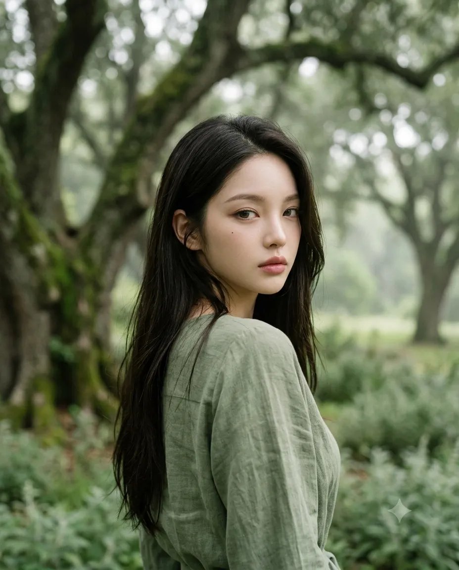 高分辨率、高时尚中近景摄影,公园里的年轻女性,参考图像相似度,度假风服装,过肩回眸姿势,柔唇,柔白皮肤,精致面容,忧郁眼神,亲密情感氛围,大地…, 图片 3