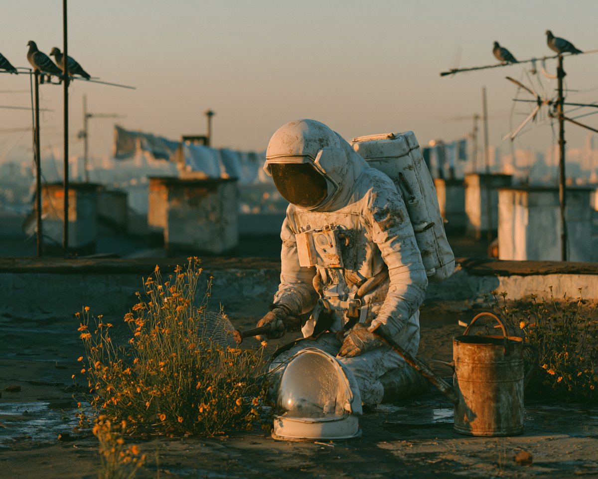 A weary astronaut watering wildflowers on the rooftop of an old apartment build…