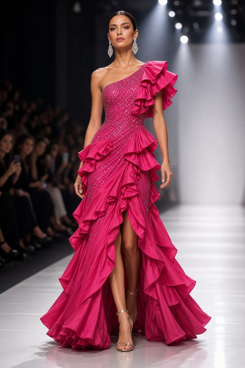 Photorealistic high fashion runway photography, elegant female model walking co…