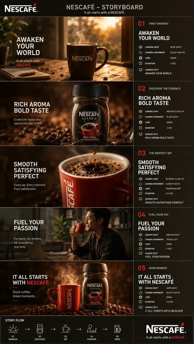 为NESCAFÉ经典咖啡广告生成一份专业的竖版(9:16)分镜脚本,包含5个相互关联的电影感场景。整体风格 * 官方NESCAFÉ全球广告活动…, 图片 1