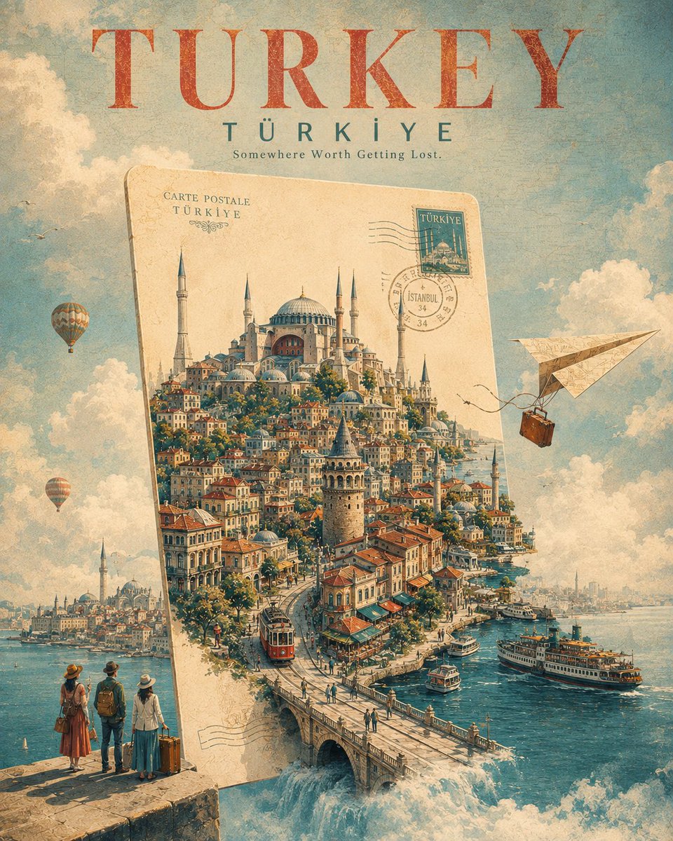 为 [CITY, COUNTRY] 创作一张引人注目的奢华旅行海报，采用超现实的视觉概念：整座城市正从一张漂浮在天空中的巨型复古明信片中浮现出…, 图片 1