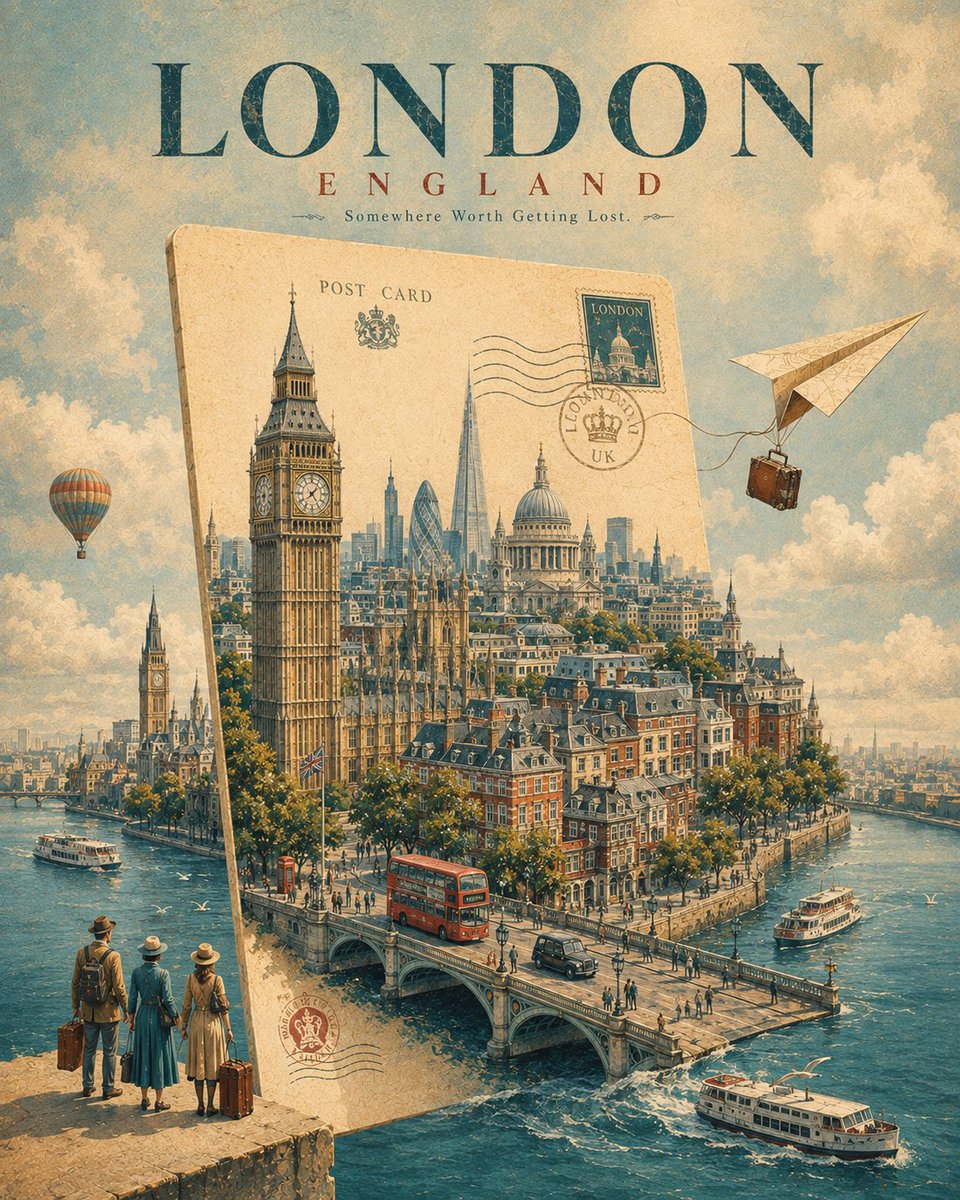 为 [CITY, COUNTRY] 创作一张引人注目的奢华旅行海报，采用超现实的视觉概念：整座城市正从一张漂浮在天空中的巨型复古明信片中浮现出…, 图片 2