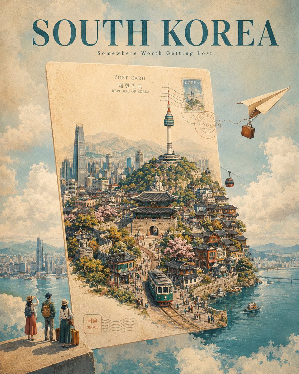 为 [CITY, COUNTRY] 创作一张引人注目的奢华旅行海报，采用超现实的视觉概念：整座城市正从一张漂浮在天空中的巨型复古明信片中浮现出…, 图片 3