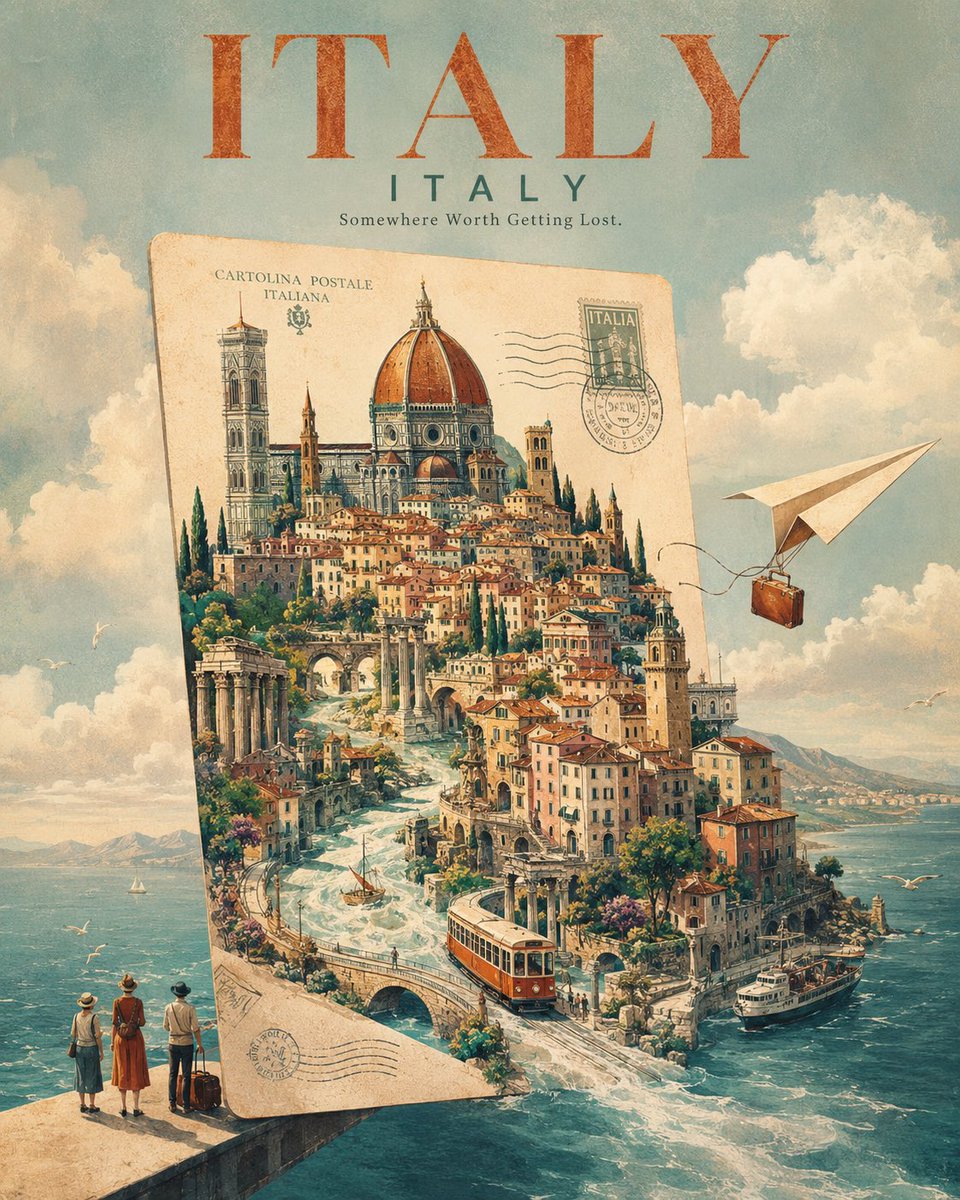 为 [CITY, COUNTRY] 创作一张引人注目的奢华旅行海报，采用超现实的视觉概念：整座城市正从一张漂浮在天空中的巨型复古明信片中浮现出…, 图片 4