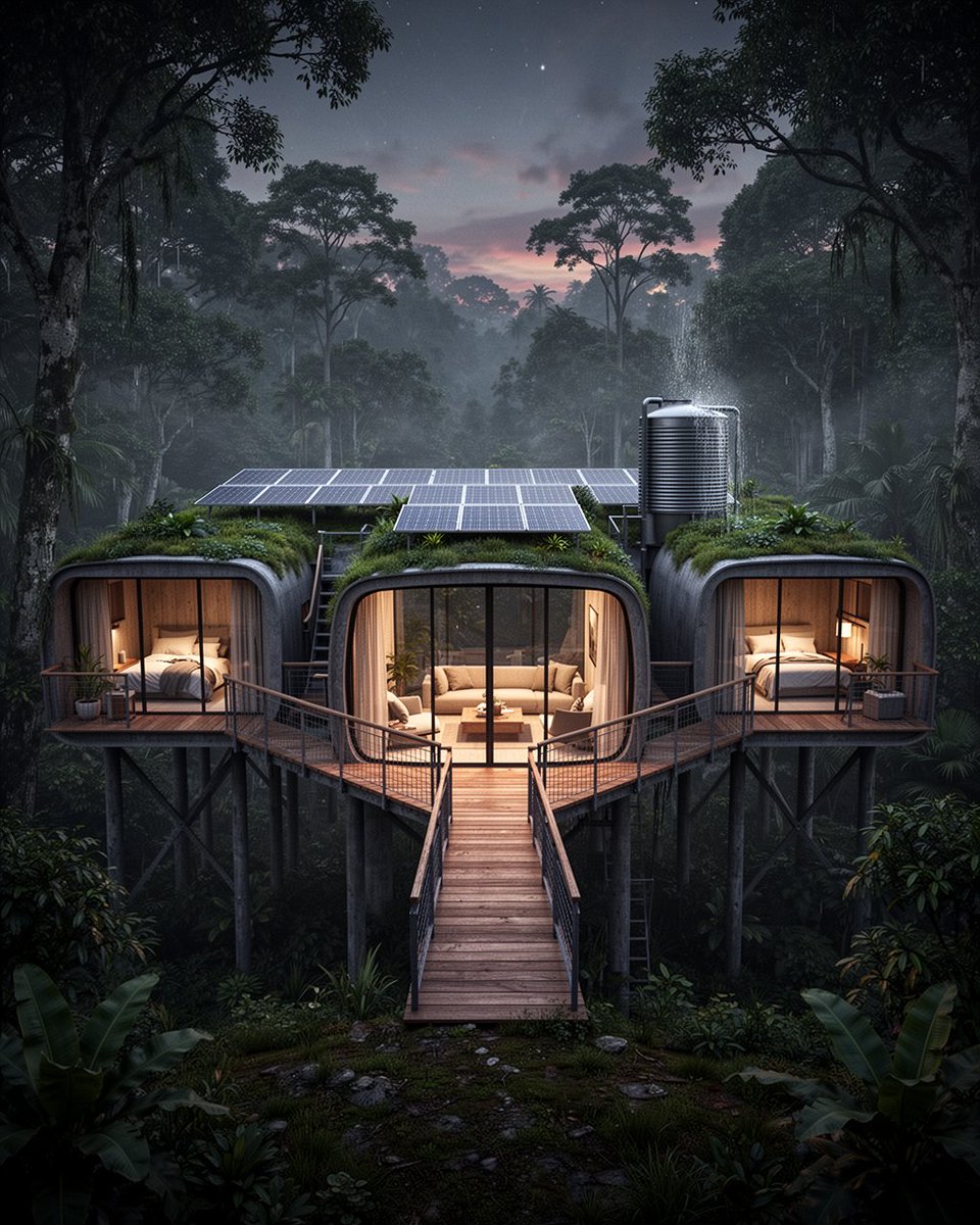 Architectural visualization poster of an elevated forest residence at night: a …