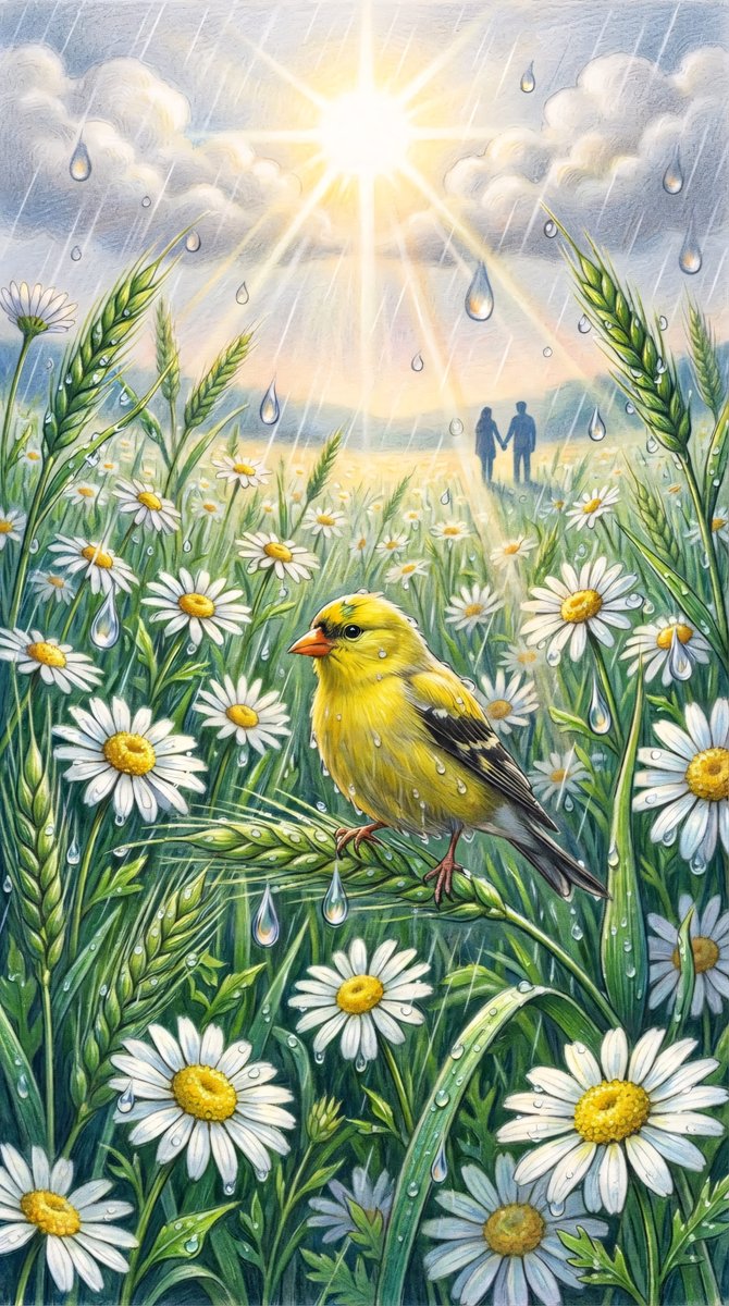 一幅色彩鲜艳的竖版彩色铅笔插画。在前景中,一只小巧的鲜黄色金翅雀停栖在一根弯曲的绿色麦穗上,拥有橙色的喙和隐约的黑色翅羽纹路,羽毛上沾着细小的…, 图片 1
