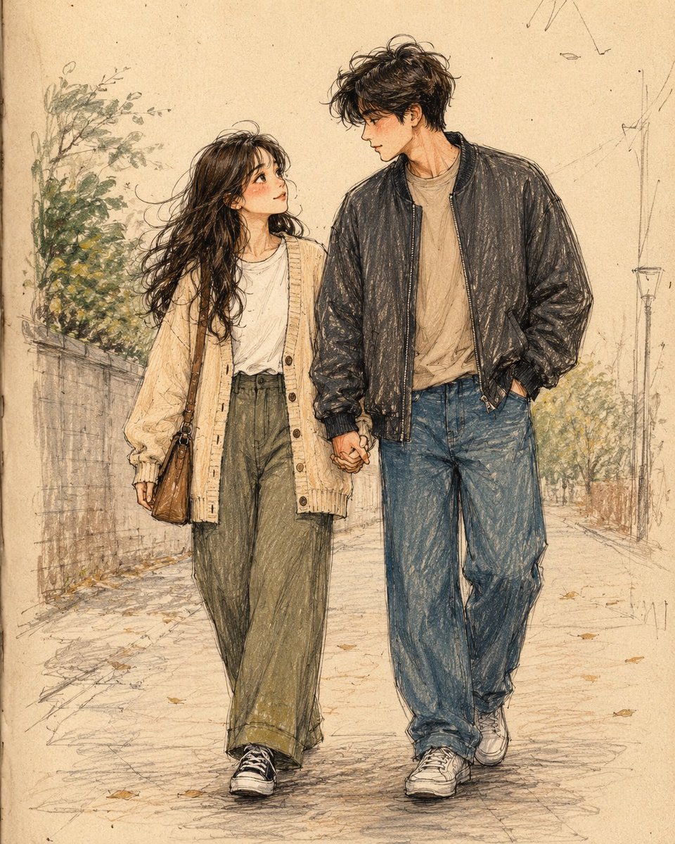 创作一幅清新、温馨的手绘彩铅插画，描绘一对时髦的年轻情侣在一个宁静的日子里悠然漫步，画面灵感来源于当代日本与韩国的速写本生活艺术。画面以全身视…, 图片 1