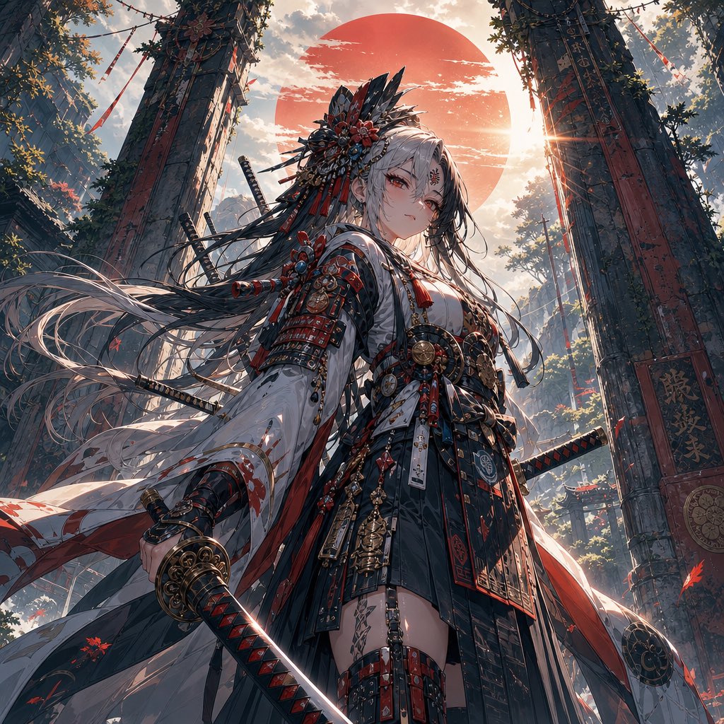 杰作,最高质量,超精细动漫插画,凶猛的女武士战士,低角度英雄肖像,居中构图,炽烈发光的黑色眼睛搭配锋利的红色眼线,苍白肌肤,长渐变白色与黑色头…, 图片 1