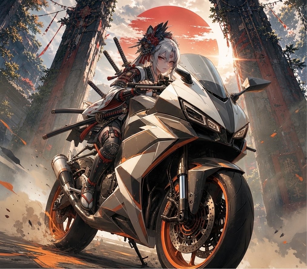杰作,最高质量,超精细动漫插画,凶猛的女武士战士,低角度英雄肖像,居中构图,炽烈发光的黑色眼睛搭配锋利的红色眼线,苍白肌肤,长渐变白色与黑色头…, 图片 2