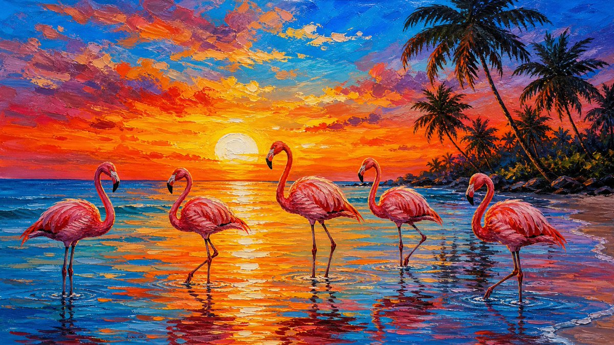 一幅充满活力的画作，描绘了五只粉红色的火烈鸟在热带海滩日落时分的浅水中涉水前行，巨大的太阳低悬在地平线上，在海面上投射出鲜艳的橙色、黄色和蓝色…, 图片 1