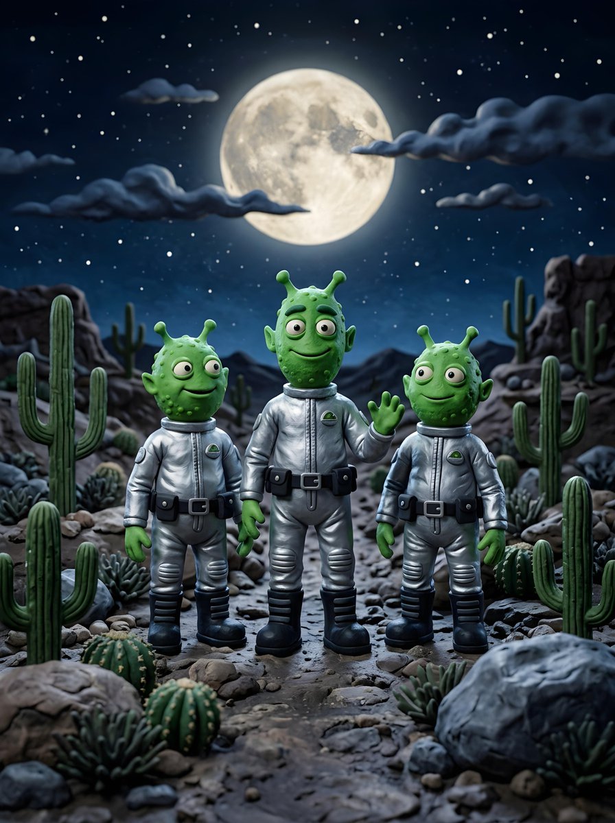 Three claymation style green aliens in silver suits stand in a desert landscape…