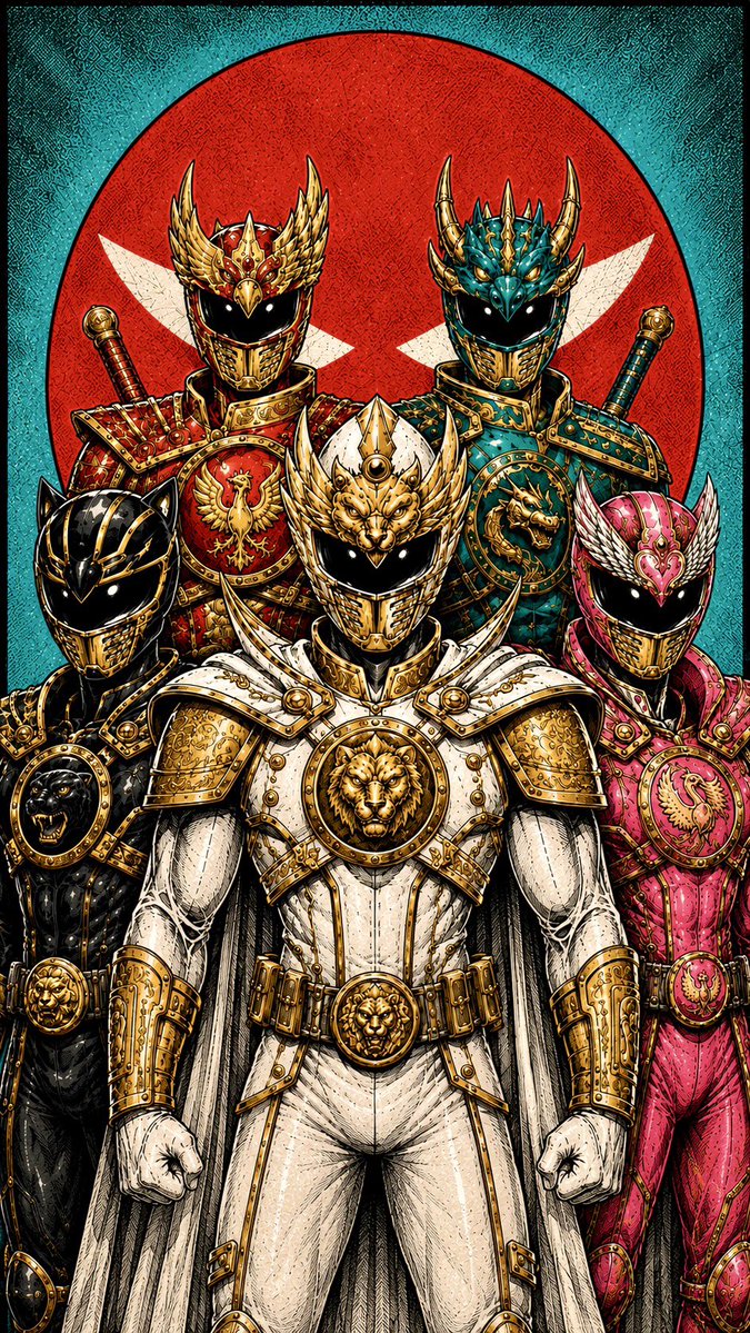 A Hand-inked underground comic illustration, team portrait of five armored, hel…