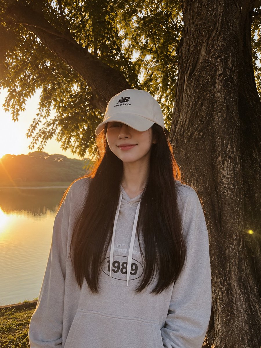 一张黄金时段的写实生活方式摄影照片，画面中一位年轻女子俏皮地坐在一辆复古黄色自行车旁，旁边是一片宁静的湖泊。她张开双臂，摆出愉悦、无忧无虑的姿…, 图片 1