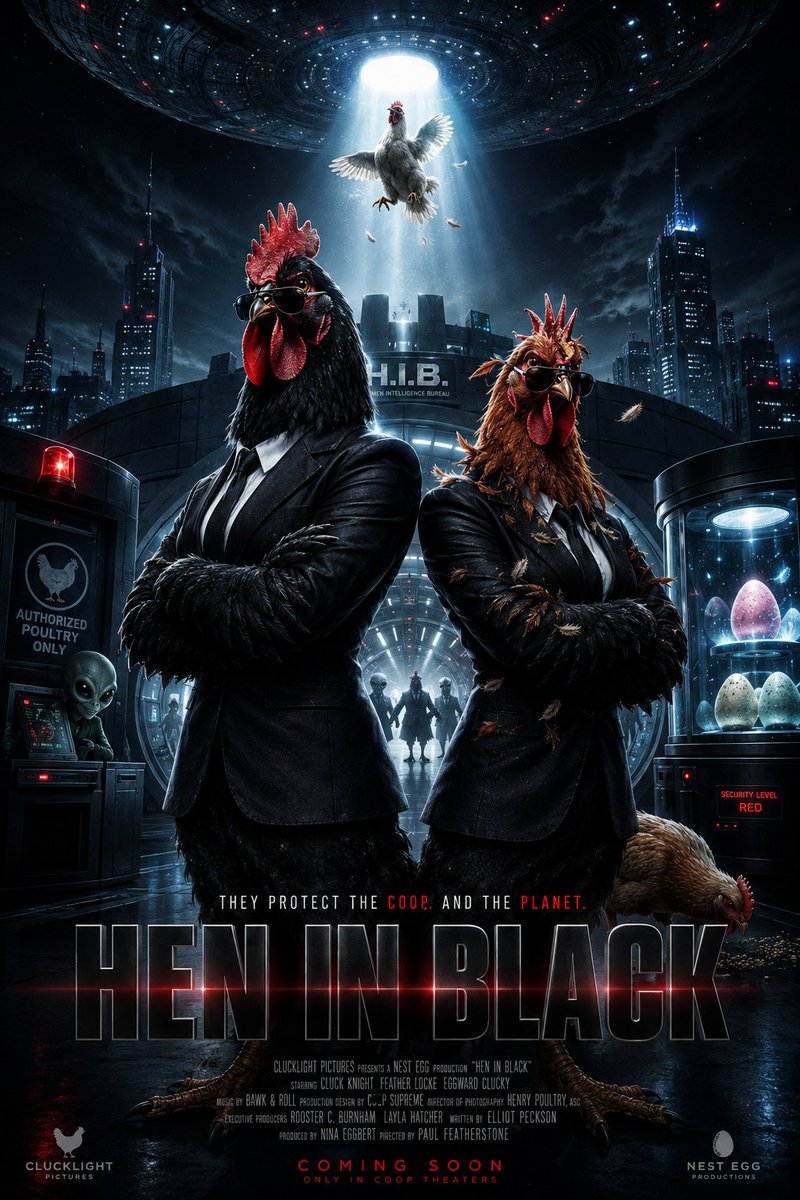 Create an exceptionally polished theatrical movie poster for “HEN IN BLACK,” a …