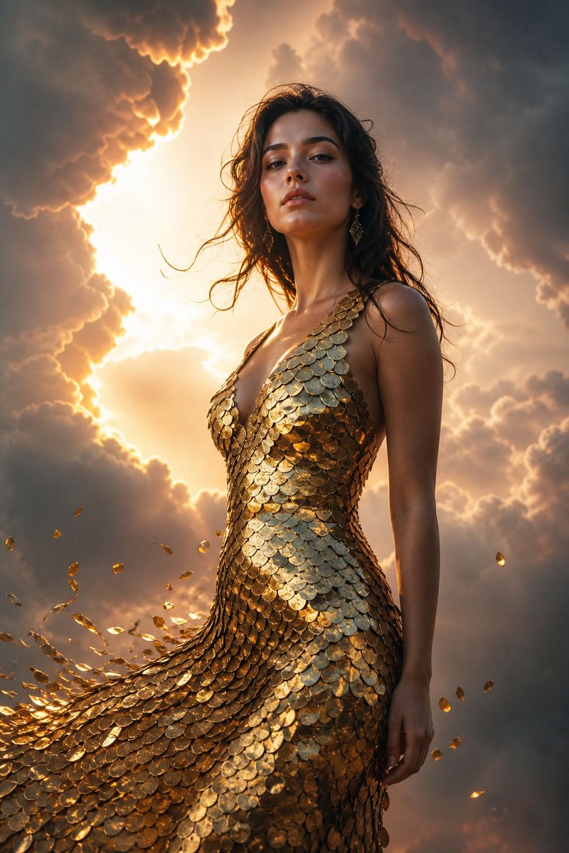 一张照片写实风格的时尚人像,一位美丽动人的女子身着一袭金色鱼鳞亮片鳞甲长裙,鳞片随着她的动作泛起涟漪,几片鳞片飞离裙身,宛如逃逸的鱼群。背景:…, 图片 1