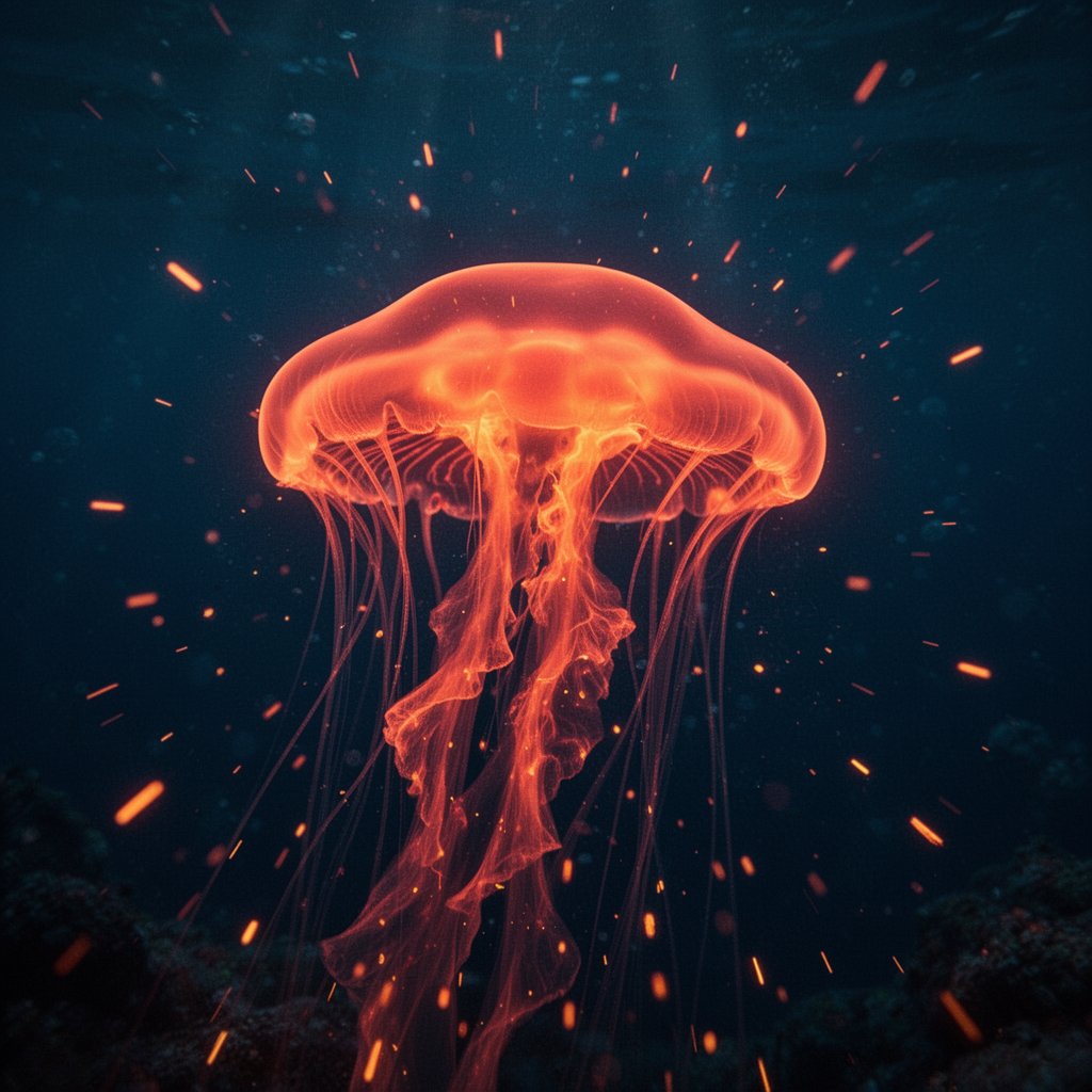 "A bioluminescent jellyfish glowing with fiery orange-red light, drifting in a …
