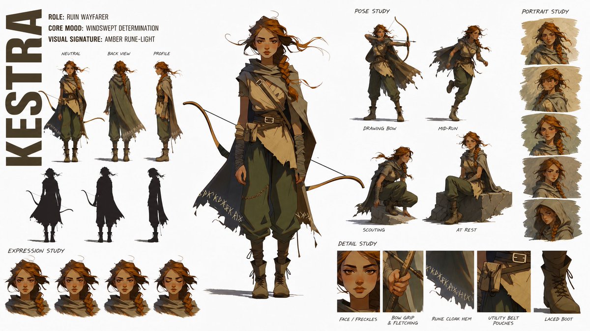 创建一个高端、现代的高级时装角色概念设定图集（CHARACTER CONCEPT ART SHEET），采用 16:9 宽屏布局，背景为纯白色…, 图片 1