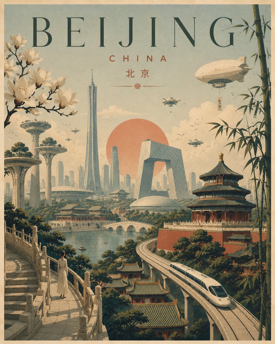创作一张视觉上令人难忘的编辑艺术海报,呈现一个梦境般的未来世界,让熟悉的日常生活与超现实建筑相遇。宏伟的雕塑感建筑、蜿蜒的道路、巨型植物、渺小…, 图片 2