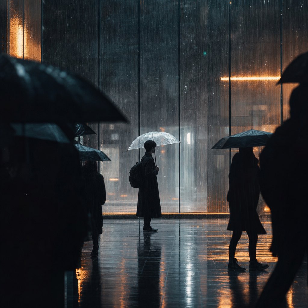 垂直电影感雨天城市街道摄影,框架构图,前景两侧打伞行人的模糊黑色剪影形成框架,中央人物身穿长款黑色风衣并背着背包,手持透明雨伞,侧身站立,暴雨…, 图片 1