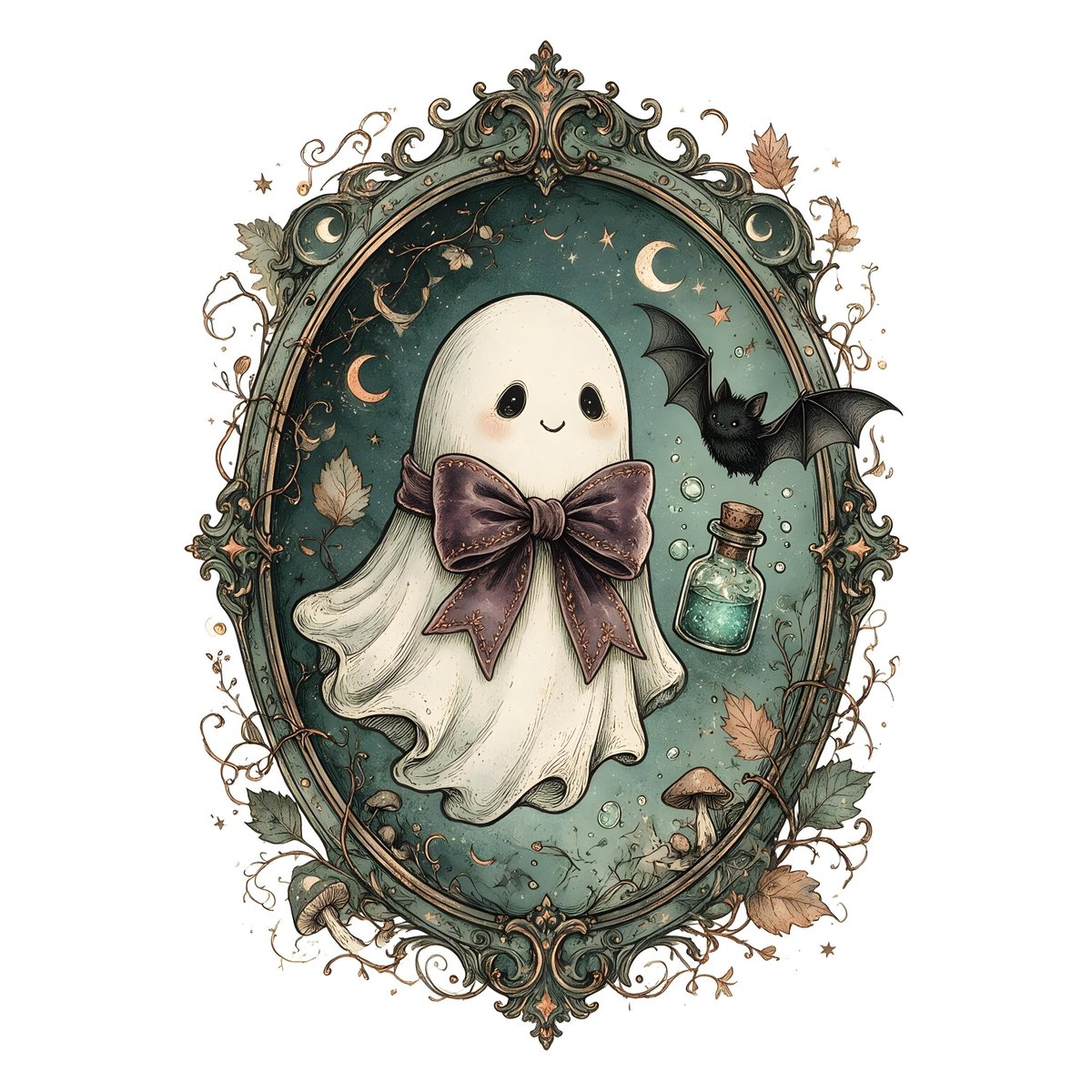 Whimsical vintage Halloween illustration with a sophisticated dark-academia-mee…