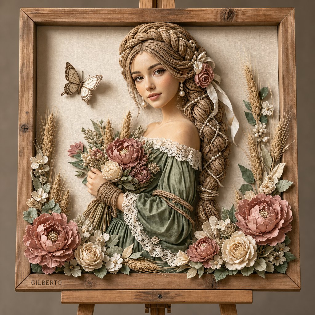 一幅精细的3D混合媒介浅浮雕艺术作品,陈设于浅色木制画框内,安放在木质画架上,背景为柔和的米白色画布质感。, 图片 2