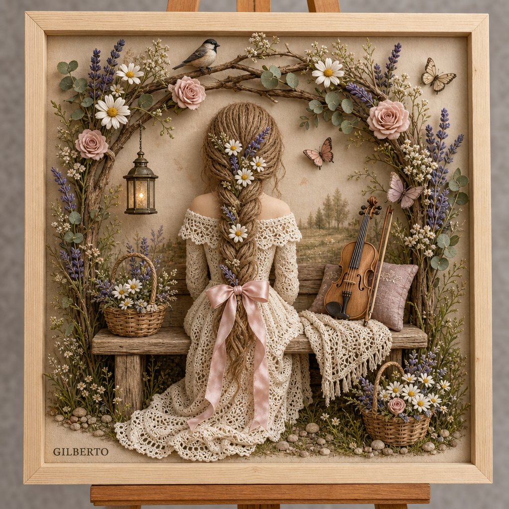 一幅精细的3D混合媒介浅浮雕艺术作品,陈设于浅色木制画框内,安放在木质画架上,背景为柔和的米白色画布质感。, 图片 4