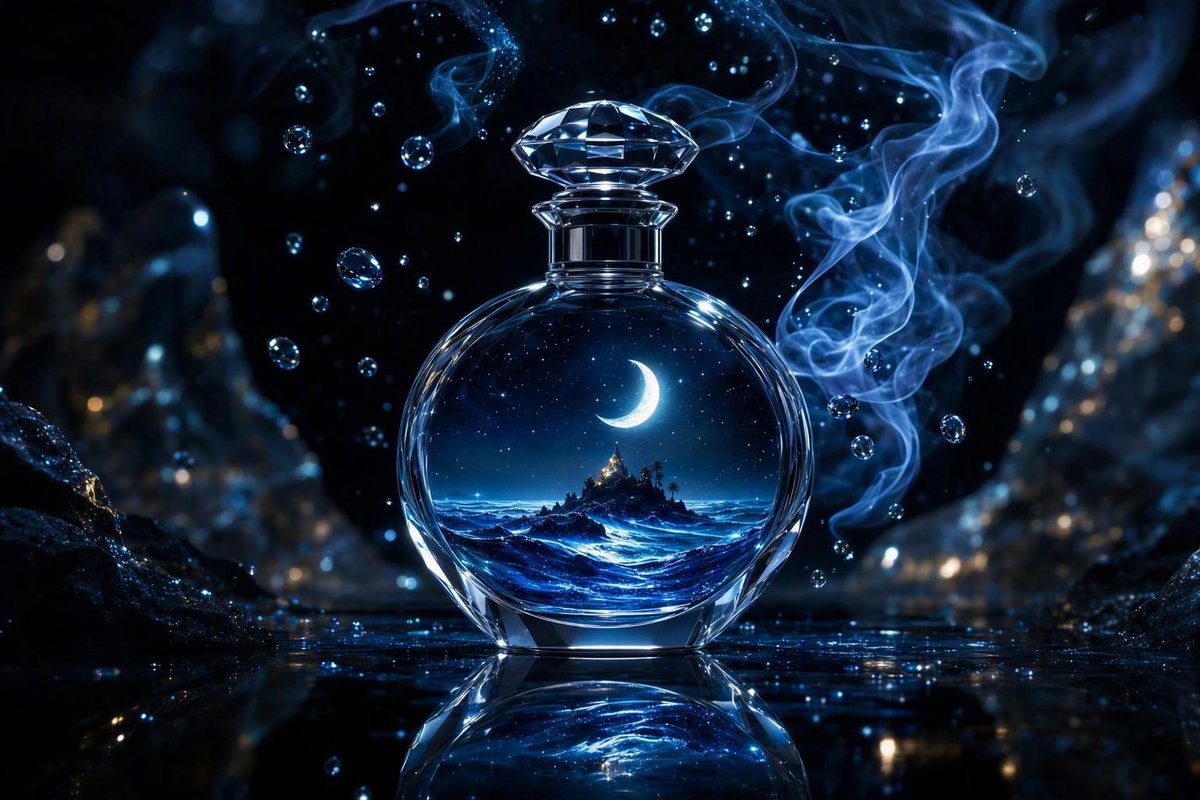 一幅极具吸引力的奢华香水广告画面,呈现出精美的雕塑感水晶香水瓶,优雅地矗立在如镜面般的黑色表面上,周围环绕着精致的发光白色兰花与深蓝色绣球花。…, 图片 2