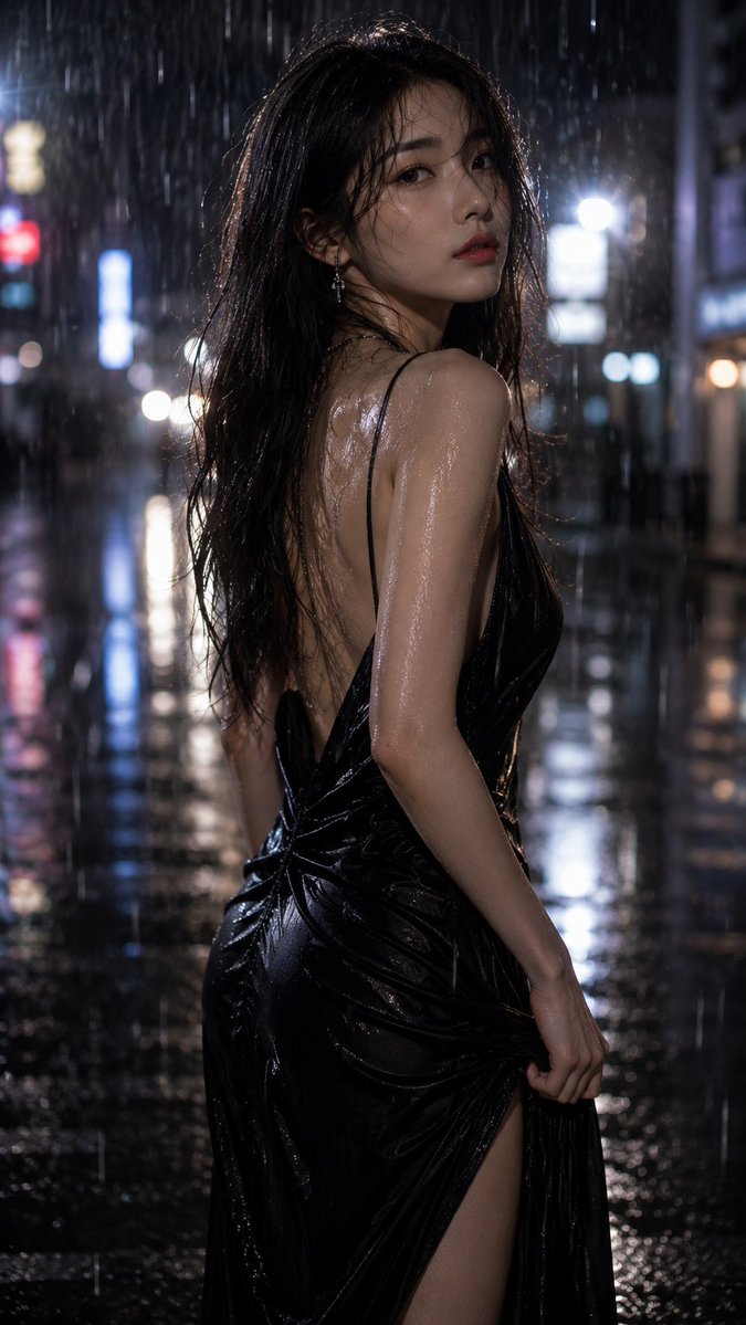 一位惊艳的成年女性优雅地伫立在雨后湿漉的首尔夜晚街头，身着一袭优雅的黑色缎面及地长裙，设计精致高级。细雨轻柔地落在她的发丝与肩头，裙面和肌肤上…, 图片 1