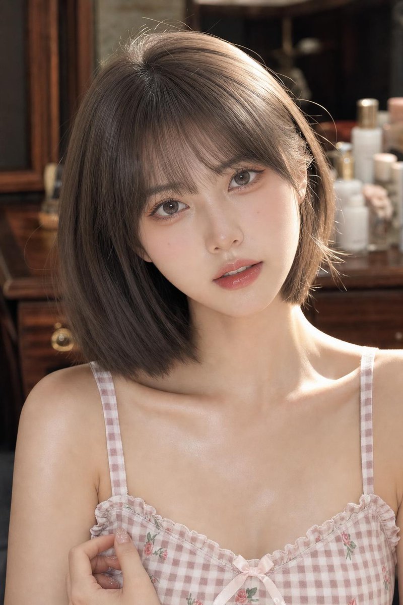创作一幅高度逼真、年轻化的东亚美女肖像,描绘一位成年女性,采用中近景构图,从头顶到上胸部。保持清新年轻的外观、自然的面部比例,以及精致考究的韩…, 图片 4