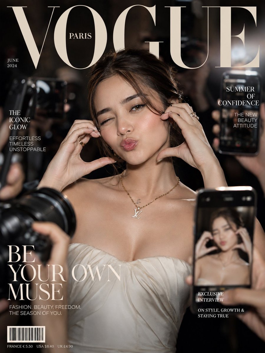 高端时尚编辑大片照片:一位年轻女性,深棕色挑染盘发,一眼眨眼,双唇微噘做出俏皮的飞吻手势,一只手在脸颊旁做出精致的“手指比心”动作,身穿露肩垂…, 图片 1